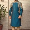 Bespoke Zinc Blue Wedding Sherwani White Jute Zardosi Embroidered Sherwani