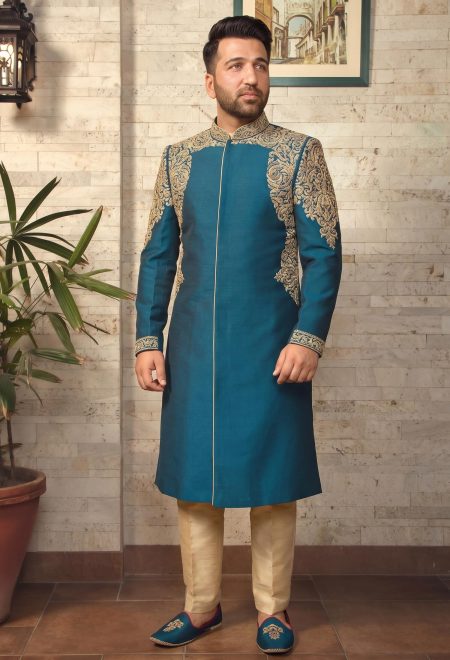 Bespoke Zinc Blue Wedding Sherwani