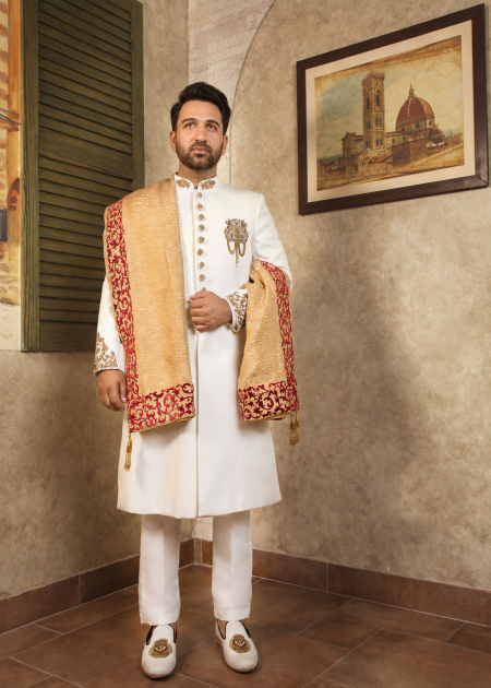 Luxury White Embroidered Wedding Sherwani