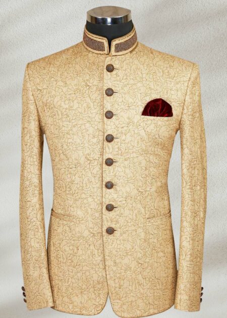 Cream Fawn Prince Suit Silver Black Textured Sherwani
