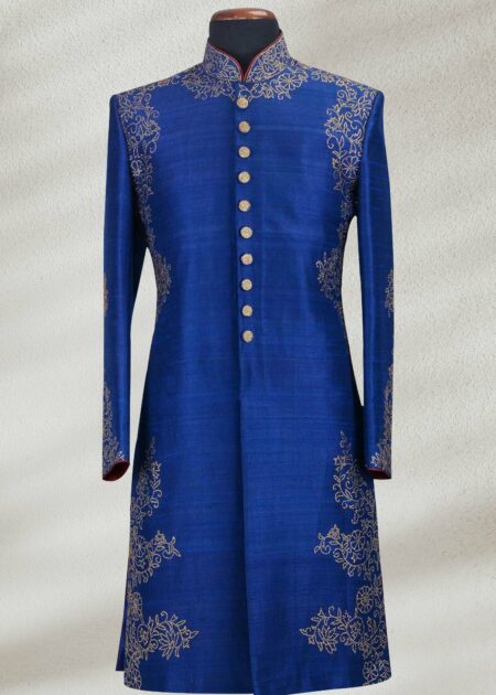 Royal Blue Sherwani Off-white Italian Thread Embroidered Indo Western Sherwani