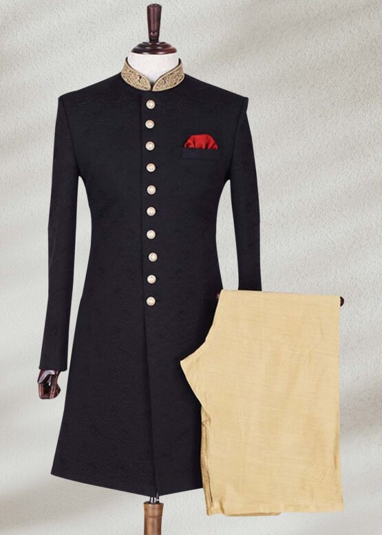 Jamawar Fabric Traditional Sherwani In Black Color