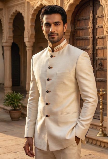 Off White Prince Coat with Zari Embroidery