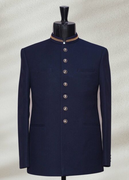 Classic Dark Blue Prince Suit Off White Embroidered Prince Suit for Groom