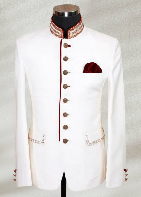 Off White Prince Coat Blue Embroidered Prince Suit For Men