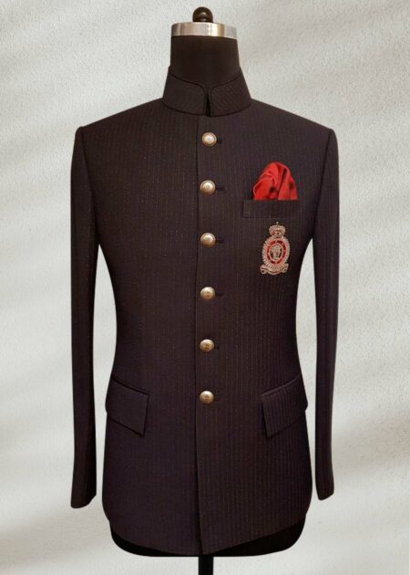 Solid Black Prince Suit Brown Embroidered Angle Cut Prince Suit