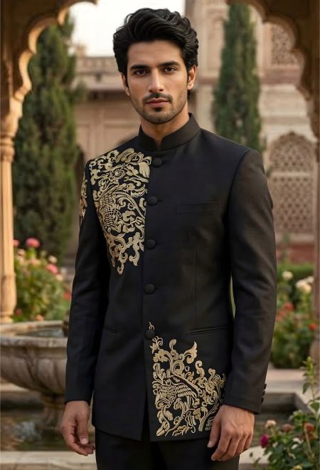 Embroidered Black Prince Suit for Men