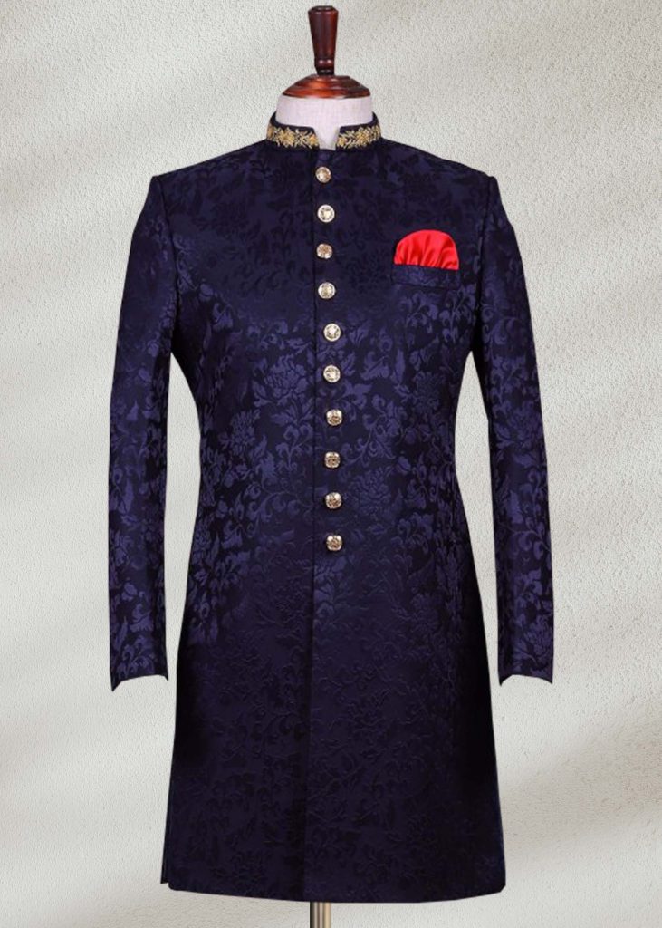 Dazzling Blue Jamawar Sherwani - Shameel Khan