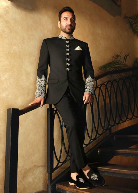Black Embroidered Prince Suit White Embroidered Prince Suit
