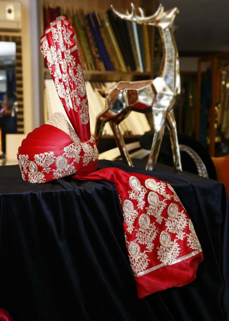 Red and silver Embroidered Turban Red Silk Turban