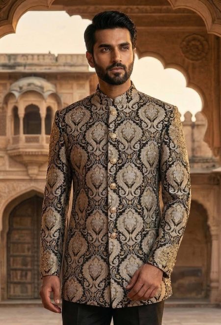 Black & Fawn Self Textured Prince Suit