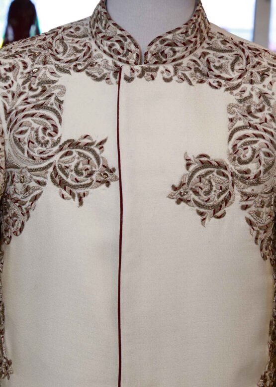 EMBROIDERED Solid White Jamawar Sherwani Solid White Jamawar Sherwani