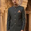 Army Green Zari Embroidered Prince Suit Black Angle Cut Prince Suit for Men