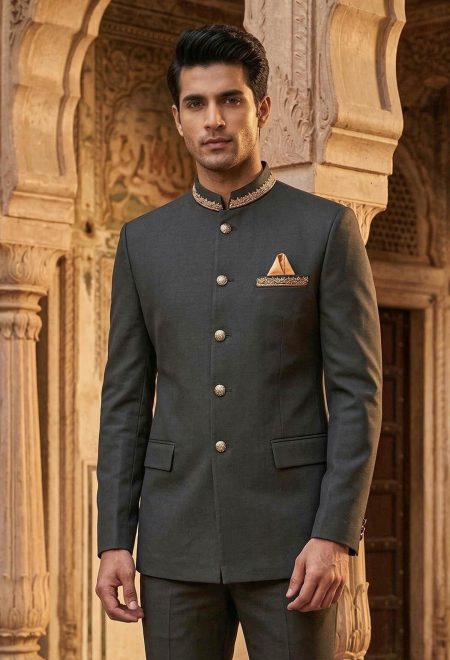 Army Green Zari Embroidered Prince Suit