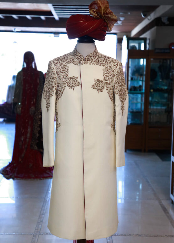 Solid White Jamawar Sherwani