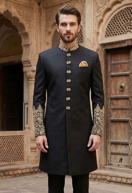 Embroidered Black Sherwani with Loafer