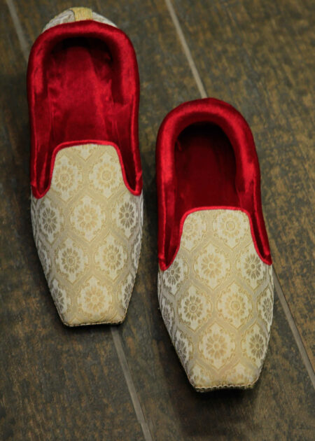 A pair of intricately designed Gold & Red Khussa shoes