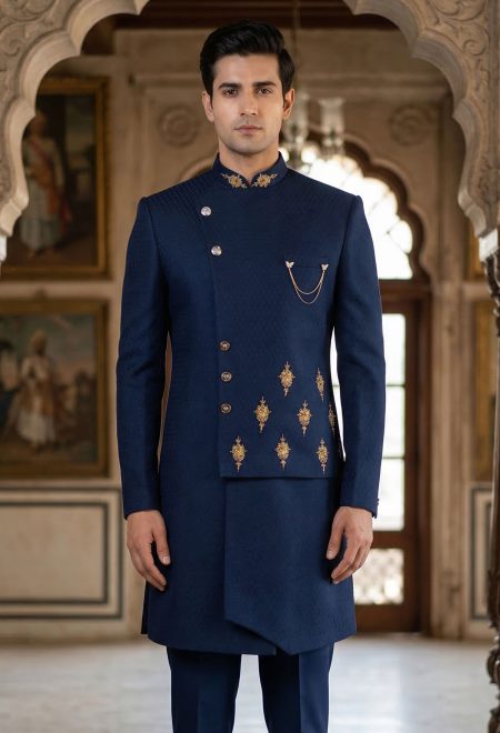 Blue Sequins Embroidered Sherwani
