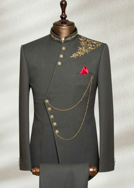 Grey Jodhpuri Suit Gold Embroidered Sherwani