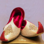 Pair of Gold & Red Khussa shoes with intricate designs