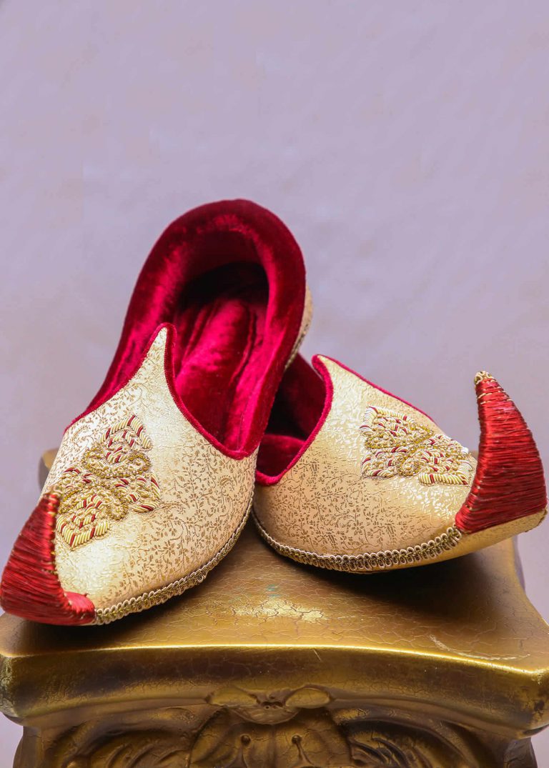 Pair of Gold & Red Khussa shoes with intricate designs