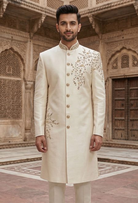 Pearl White Zardosi Embroidered Sherwani