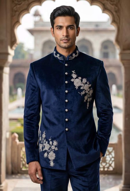 Blue Zardosi Embroidered Suede Prince Suit