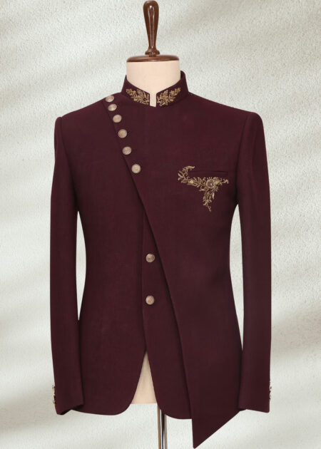 Maroon Zardosi Embroidered Italian Prince Coat Black Angle Cut Prince Coat