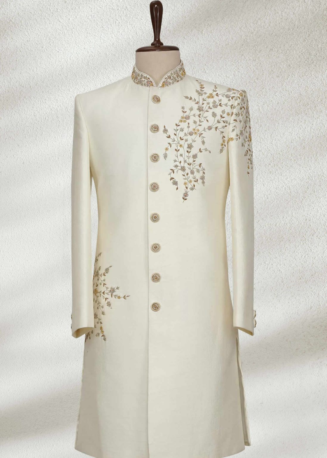 Pearl White Zardosi Embroidered Silk Wedding Sherwani
