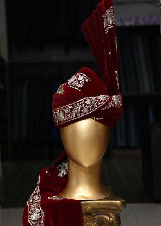 A close-up view of a Velvet Turban, showcasing its intricate patterns and rich texture