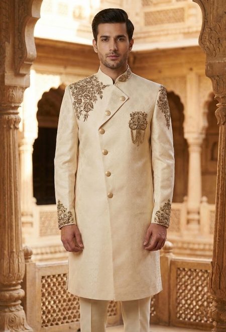 Cream Self Textured Sherwani