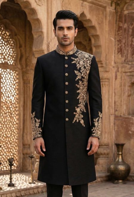 Black Sherwani With Golden Embroidery Black Wedding Sherwani With Golden Embroidery Black Sherwani With Golden Embroidery