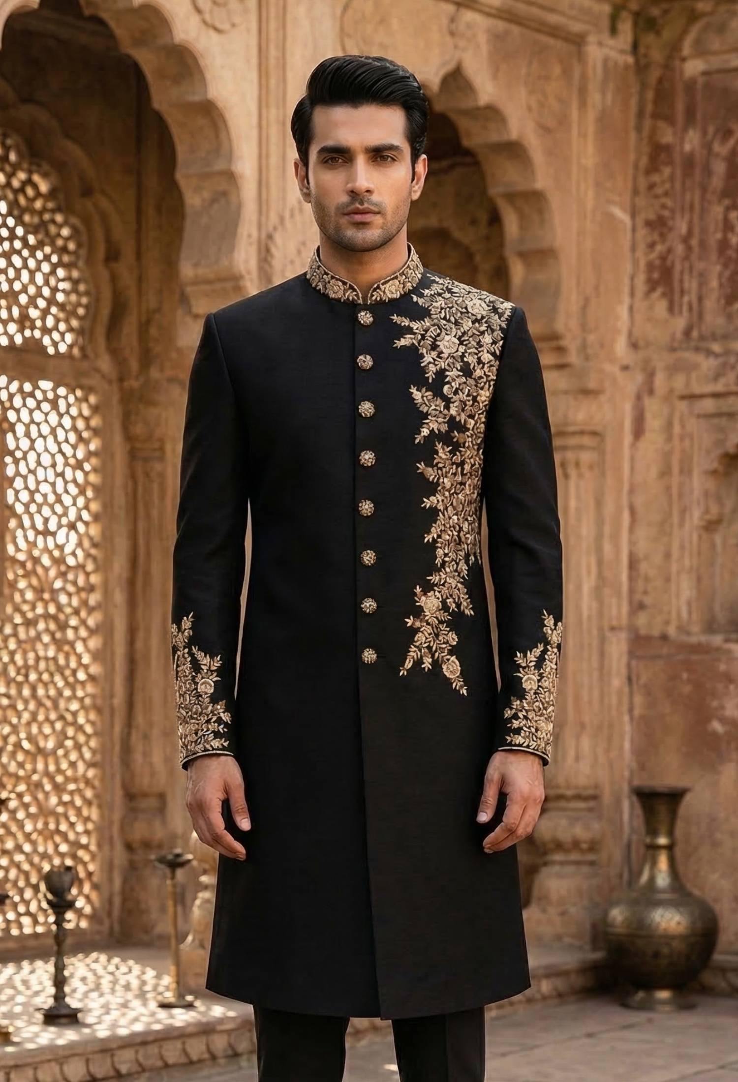 Black Sherwani With Golden Embroidery Black Sherwani With Golden Embroidery