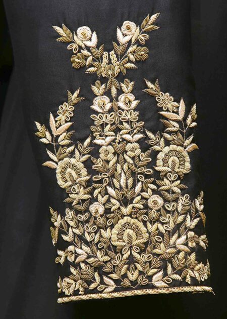 Black Wedding Sherwani With Gold Embroidery & Turban