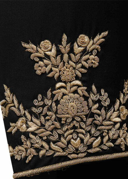 black wedding shervani for men with Gold Embroidery hands