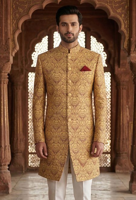 Golden Self Texture Wedding Sherwani
