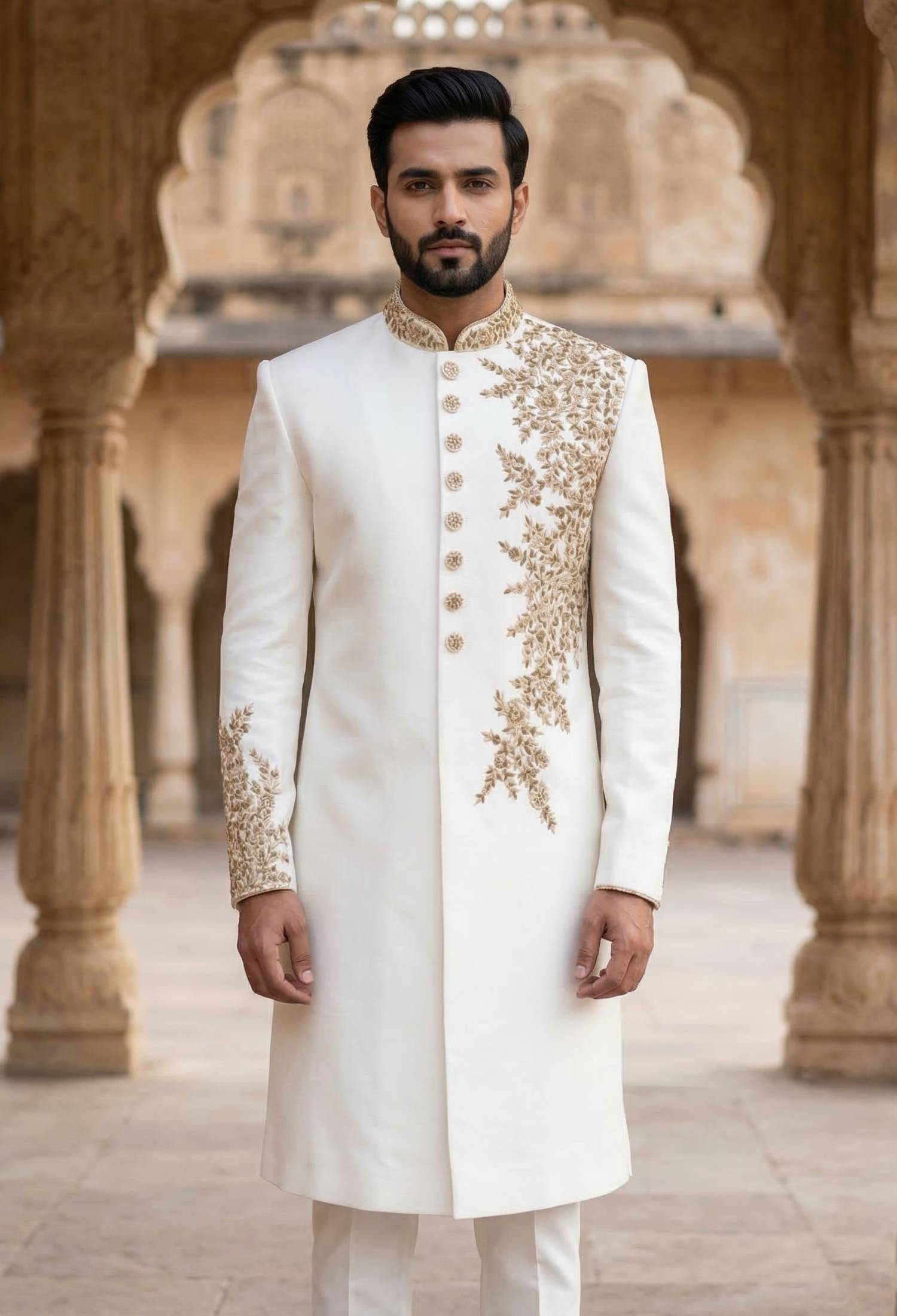 White Sherwani With Golden Embroidery White Sherwani With Golden Embroidery