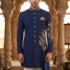 Dark Blue Sherwani With Threads Embroidery