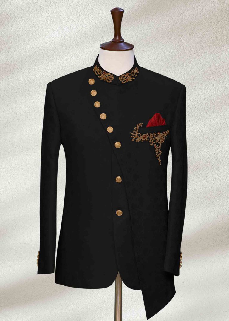 Dark Black Wedding Sherwani With Gold Embroidery