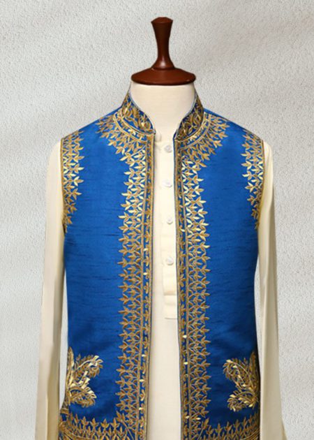 Firozi Waistcoat With Golden Embroidery Firozi Waistcoat With Gold Embroidery