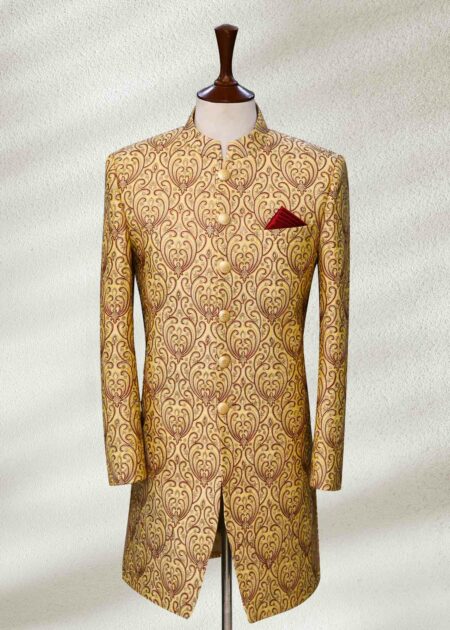 Golden Self Print Wedding Sherwani Golden Wedding Sherwani With Embroidery