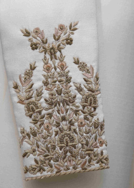 White Silk Sherwani With Gold Embroidery