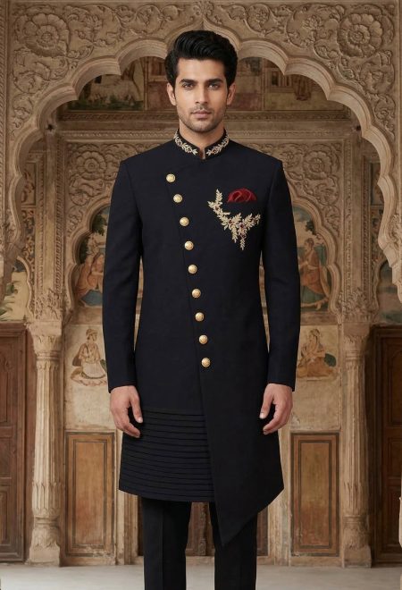 Angle Cut Black Wedding Sherwani