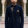 Blue Embroidered Angle Cut Prince Suit