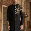 Royal Black Sherwani with Embroidery Angle Cut Black Wedding Sherwani