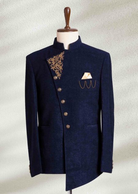 Blue Embroidered Angle Cut Prince Suit White and Golden Embroidered Prince Suit