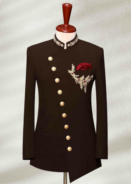 Brown Embroidered Angle Cut Prince Suit