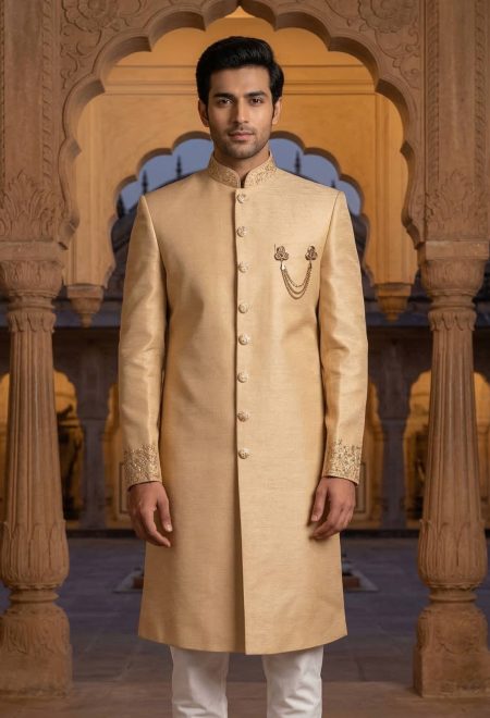 Jamawar Golden Sherwani for Groom
