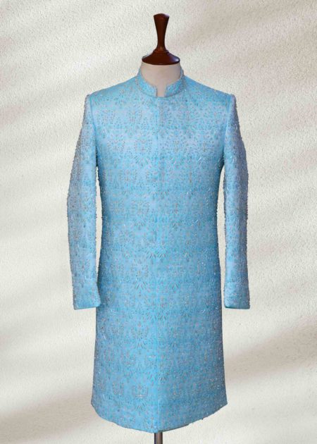 Sky Blue Wedding Sherwani Blue Wedding Sherwani With Threads Embroidery
