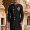 Black Side Cut Self Textured Sherwani White Self Texture Sherwani
